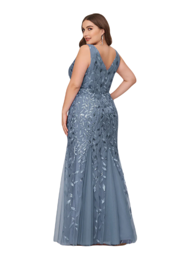 Vestido Elegante de Fiesta Largo Curvy Azul Acero Sirena Lentejuela Sin Manga T.Ch y Tallas Extra