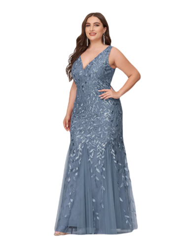 Vestido Elegante de Fiesta Largo Curvy Azul Acero Sirena Lentejuela Sin Manga T.Ch y Tallas Extra
