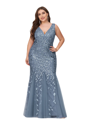 Vestido Elegante de Fiesta Largo Curvy Azul Acero Sirena Lentejuela Sin Manga T.Ch y Tallas Extra