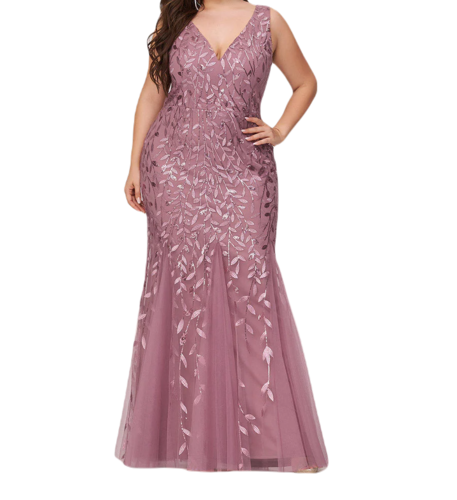 Vestido Elegante de Fiesta Largo Curvy Mauve Lila Sirena Lentejuela Sin Manga T.Ch y Tallas Extra