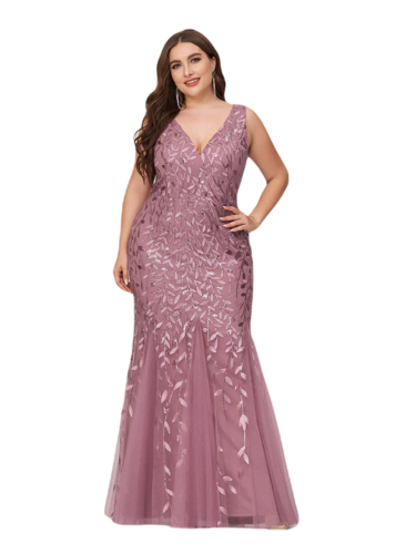 Vestido Elegante de Fiesta Largo Curvy Mauve Lila Sirena Lentejuela Sin Manga T.Ch y Tallas Extra