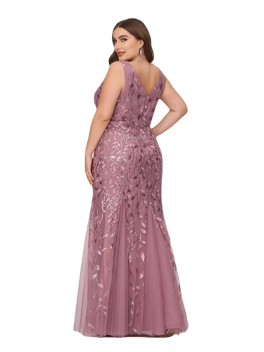 Vestido Elegante de Fiesta Largo Curvy Mauve Lila Sirena Lentejuela Sin Manga T.Ch y Tallas Extra