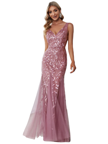Vestido Elegante de Fiesta Largo Curvy Mauve Lila Sirena Lentejuela Sin Manga T.Ch y Tallas Extra