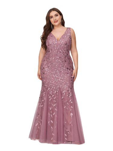 Vestido Elegante de Fiesta Largo Curvy Mauve Lila Sirena Lentejuela Sin Manga T.Ch y Tallas Extra