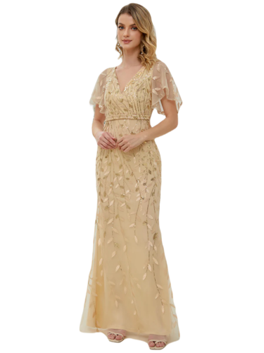 Vestido Elegante de Fiesta Largo Curvy Dorado Beige Sirena Lentejuela Manga Corta Cuello V T.Ch y Tallas Extra
