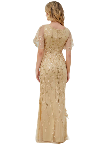 Vestido Elegante de Fiesta Largo Curvy Dorado Beige Sirena Lentejuela Manga Corta Cuello V T.Ch y Tallas Extra