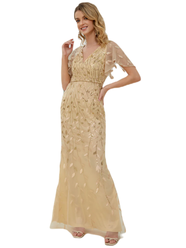 Vestido Elegante de Fiesta Largo Curvy Dorado Beige Sirena Lentejuela Manga Corta Cuello V T.Ch y Tallas Extra