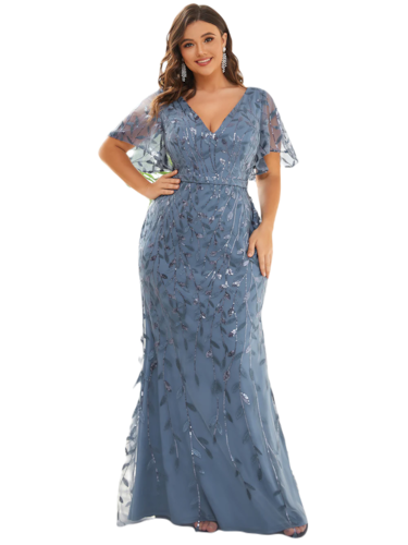 Vestido Elegante de Fiesta Largo Curvy Azul Acero Sirena Lentejuela Manga Corta Cuello V T.Ch y Tallas Extra