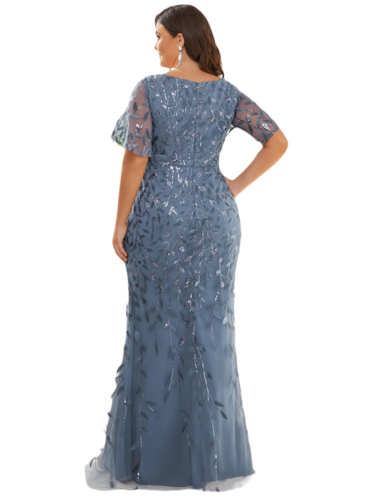 Vestido Elegante de Fiesta Largo Curvy Azul Acero Sirena Lentejuela Manga Corta Cuello V T.Ch y Tallas Extra