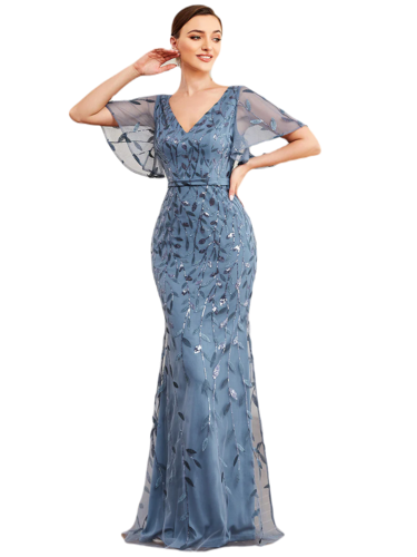 Vestido Elegante de Fiesta Largo Curvy Azul Acero Sirena Lentejuela Manga Corta Cuello V T.Ch y Tallas Extra
