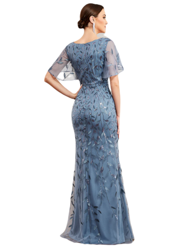 Vestido Elegante de Fiesta Largo Curvy Azul Acero Sirena Lentejuela Manga Corta Cuello V T.Ch y Tallas Extra