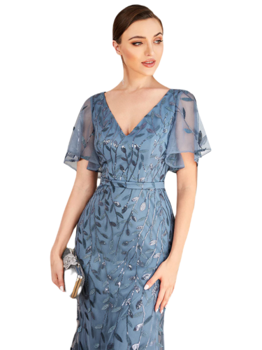 Vestido Elegante de Fiesta Largo Curvy Azul Acero Sirena Lentejuela Manga Corta Cuello V T.Ch y Tallas Extra