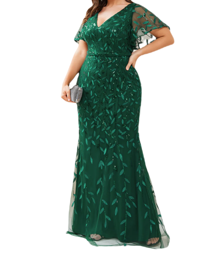 Vestido Elegante de Fiesta Largo Curvy Verde Esmeralda Sirena Lentejuela Manga Corta Cuello V T.Ch y Tallas Extra