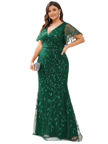 Vestido Elegante de Fiesta Largo Curvy Verde Esmeralda Sirena Lentejuela Manga Corta Cuello V T.Ch y Tallas Extra