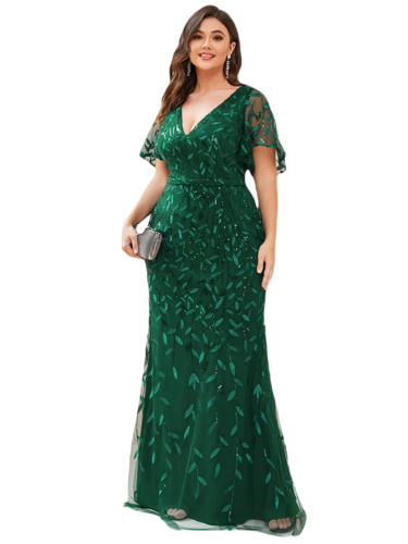 Vestido Elegante de Fiesta Largo Curvy Verde Esmeralda Sirena Lentejuela Manga Corta Cuello V T.Ch y Tallas Extra