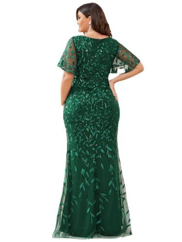 Vestido Elegante de Fiesta Largo Curvy Verde Esmeralda Sirena Lentejuela Manga Corta Cuello V T.Ch y Tallas Extra