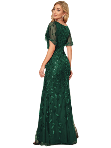 Vestido Elegante de Fiesta Largo Curvy Verde Esmeralda Sirena Lentejuela Manga Corta Cuello V T.Ch y Tallas Extra