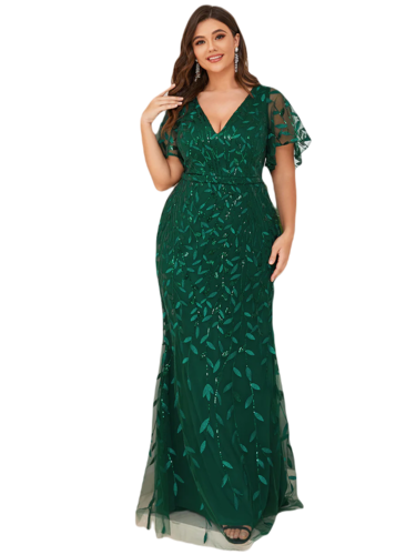 Vestido Elegante de Fiesta Largo Curvy Verde Esmeralda Sirena Lentejuela Manga Corta Cuello V T.Ch y Tallas Extra