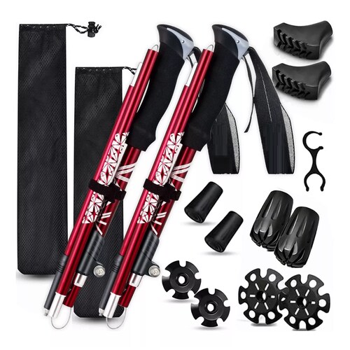 Set 2 Bastón Trekking Plegable Ligero Senderismo Escalar Caminar Rojo