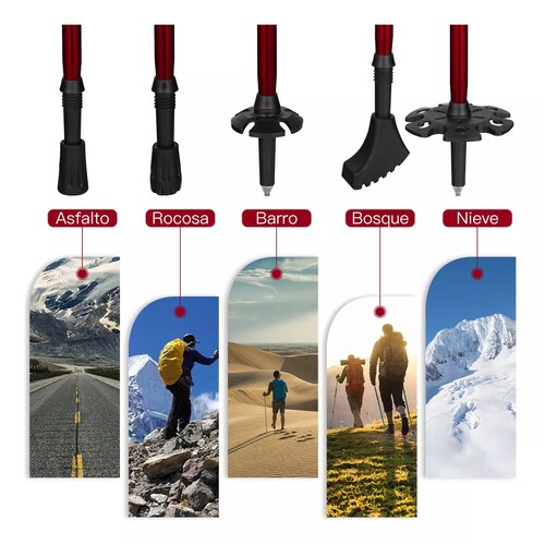 Set 2 Bastón Trekking Plegable Ligero Senderismo Escalar Caminar Rojo