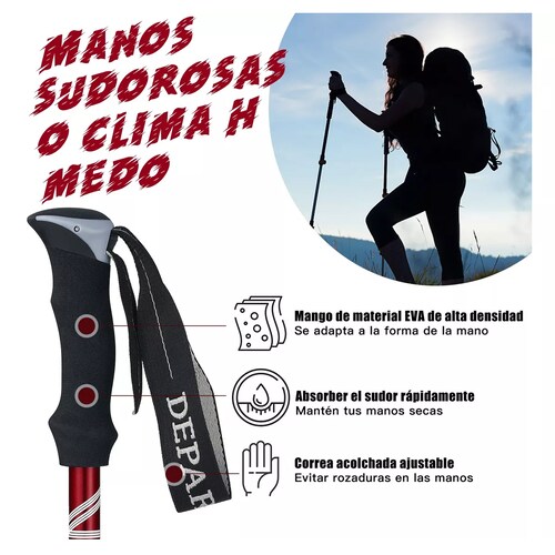 Set 2 Bastón Trekking Plegable Ligero Senderismo Escalar Caminar Rojo