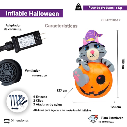 Inflables De Halloween Decoración De La Casa en Forma de Gato en Calabaza 1.80cm, Decoración Grande con Luces LED
