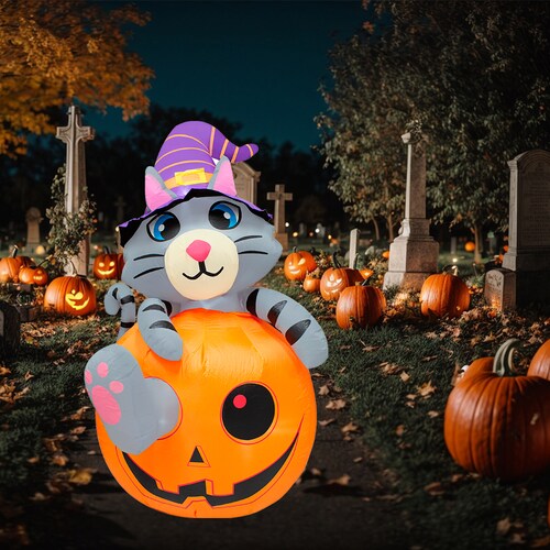 Inflables De Halloween Decoración De La Casa en Forma de Gato en Calabaza 1.80cm, Decoración Grande con Luces LED