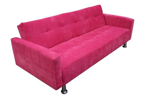 Sofá Cama Reclinable Paris Terciopelo Rosa, Brazos movibles, Futon 3 Posiciones Barbie El Bazar Store.