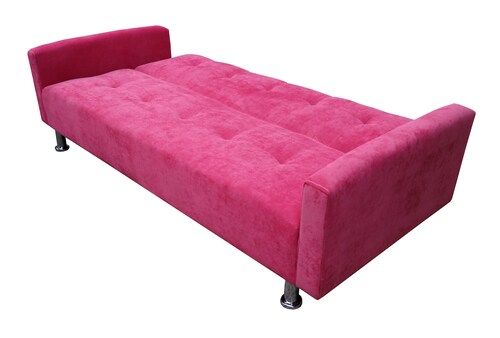 Sofá Cama Reclinable Paris Terciopelo Rosa, Brazos movibles, Futon 3 Posiciones Barbie El Bazar Store.