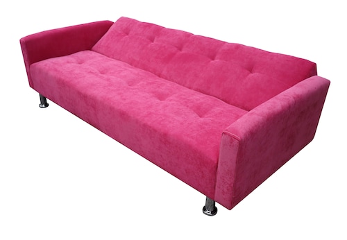 Sofá Cama Reclinable Paris Terciopelo Rosa, Brazos movibles, Futon 3 Posiciones Barbie El Bazar Store.