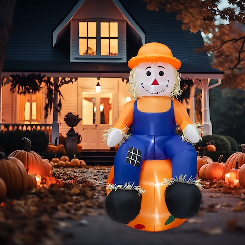 Inflables De Halloween Decoración en forma de Espantapajaros con Calabaza 1.50 cm, Decoración Grande Con Luces LED