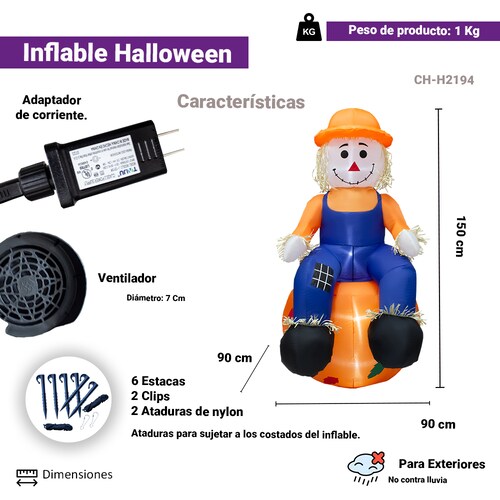 Inflables De Halloween Decoración en forma de Espantapajaros con Calabaza 1.50 cm, Decoración Grande Con Luces LED