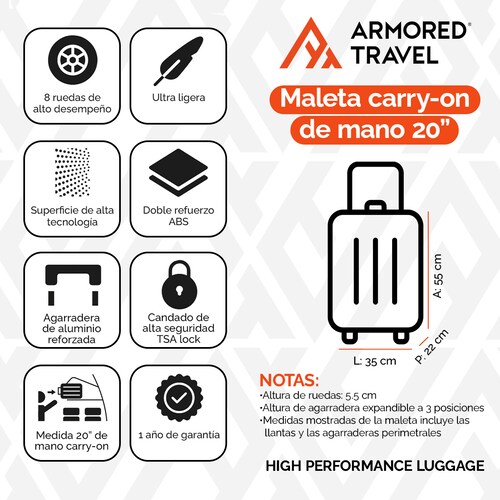 Maleta de viaje Carry On de mano cabina 20 pulgadas 10 kg ABS doble calibre candado de alta seguridad TSA LOCK Azul Armored Travel