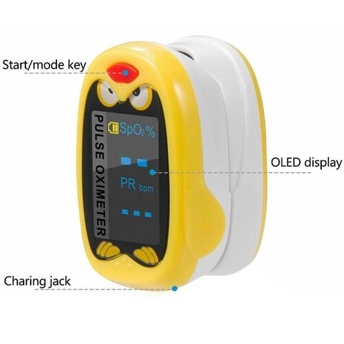 Oxímetro Infantil MXOKP-001-21 1Pza Amarillo Rango de Medición 70porciento -99porciento Spo2 30 a 240BPM mas menos 2BPM o mas menos 2porciento PR, OxiKid Pro