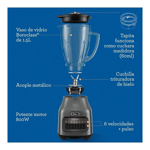 Licuadora Oster con Vaso de Vidrio y 6 Velocidades más Pulso Gris