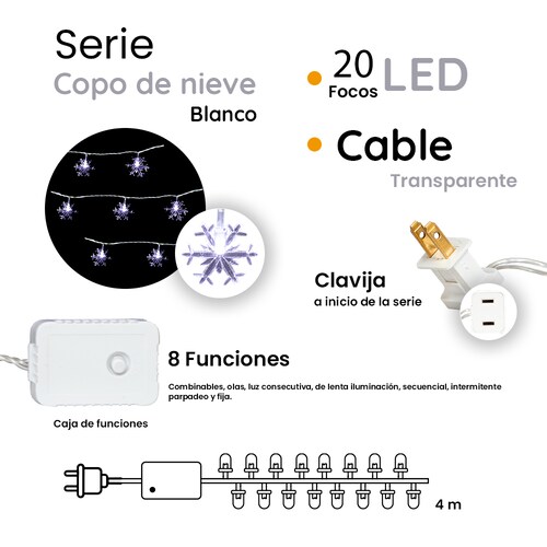 Serie Navideña Copo De Nieve 20 Focos Led Luz Blanca 4 Mts