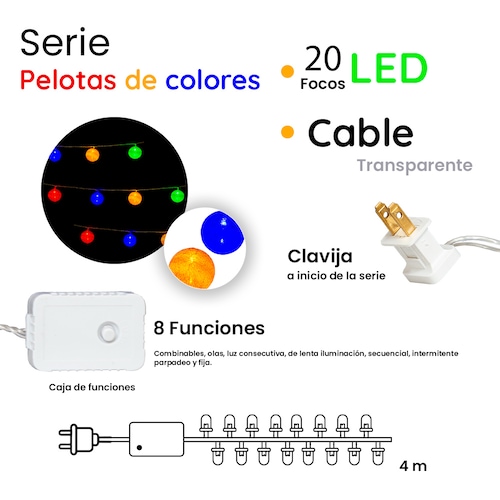 Serie Navideña Pelotas Colores 20 Luces Led Multicolor 4mts