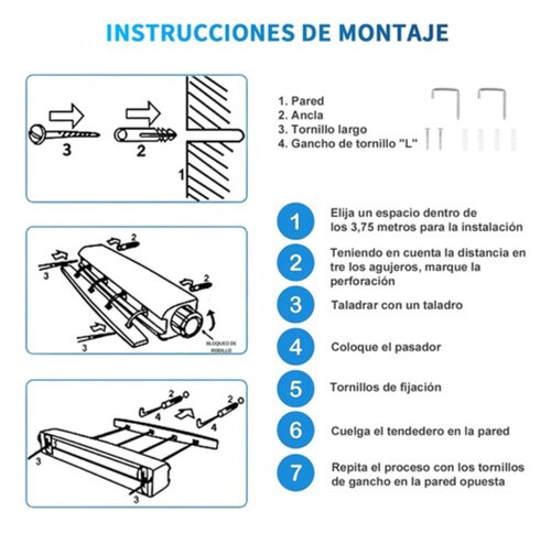 5líneas Tendedero Retráctil Plegable Pared Con Gancho Blanco