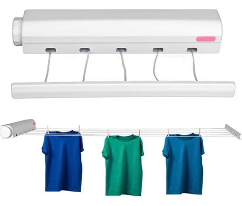 5líneas Tendedero Retráctil Plegable Pared Con Gancho Blanco