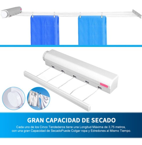 5líneas Tendedero Retráctil Plegable Pared Con Gancho Blanco