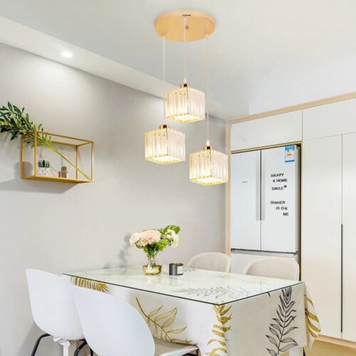 Lámpara Colgante De Techo Cristal Moderna Decorativa 3 Cabez Dorado Cuadrado