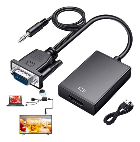 Cable Convertidor Video Vga A Hdmi + Audio Full Hd 1080p Negro