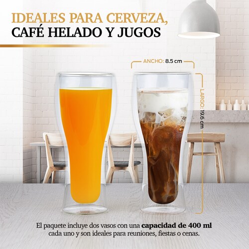 2 Vasos de Vidrio de Doble Pared de Cristal para Cerveza 400ml