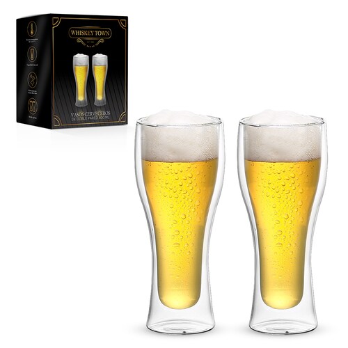 2 Vasos de Vidrio de Doble Pared de Cristal para Cerveza 400ml