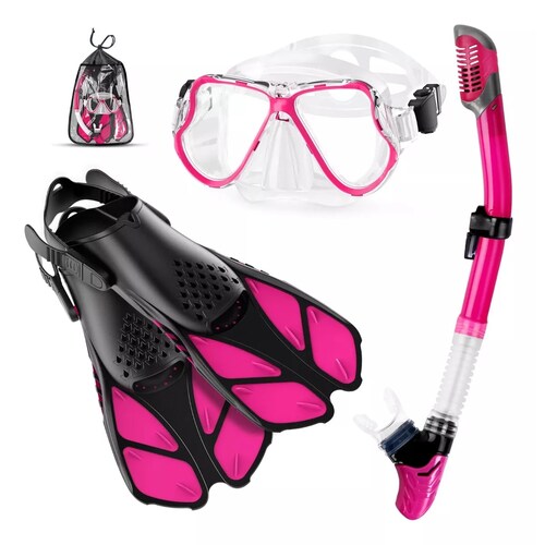 Juego De Snorkel Con Máscara,buceo Esnórquel,aletas,bolsas Rosa XS