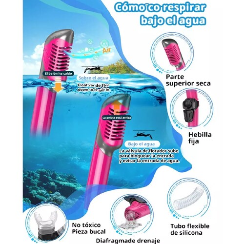 Juego De Snorkel Con Máscara,buceo Esnórquel,aletas,bolsas Rosa XS