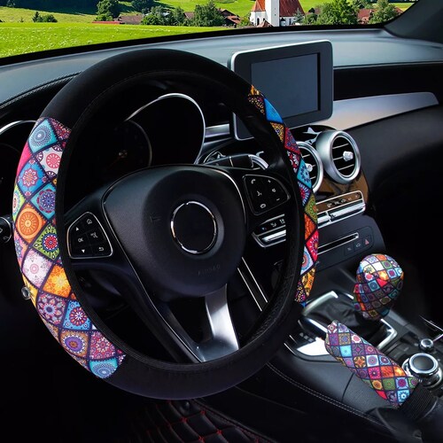 Kit Funda Cubre Volante Accesorio Auto Mujer Azulejo Mosaico