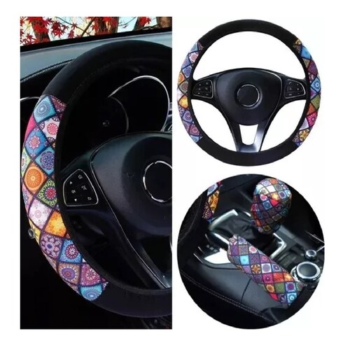 Kit Funda Cubre Volante Accesorio Auto Mujer Azulejo Mosaico