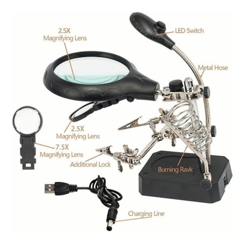 Lupa Con Luz Led Pinza Base Para Cautin Reparar Electrónicos Negro