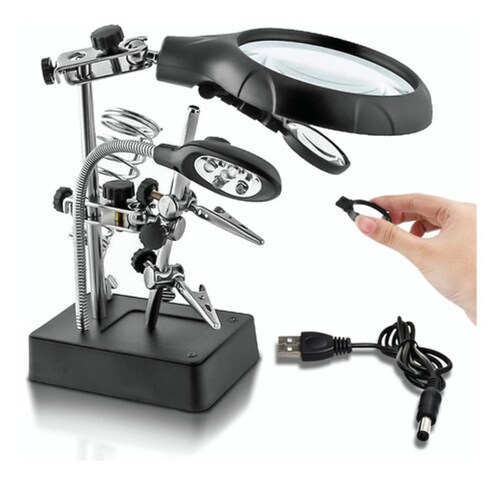 Lupa Con Luz Led Pinza Base Para Cautin Reparar Electrónicos Negro